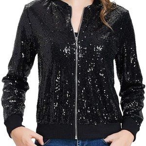 NWT KANCY KOLE Black Sequin Casual Long Sleeve Party Bomber Jacket Size Large